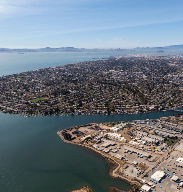 Aerial of Alameda Island and San Francisco Bay near Oakland, California