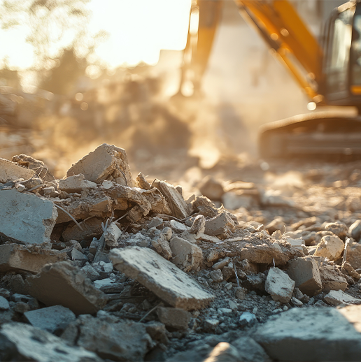 Construction Site Rubble and Debris with Excavator in the Background