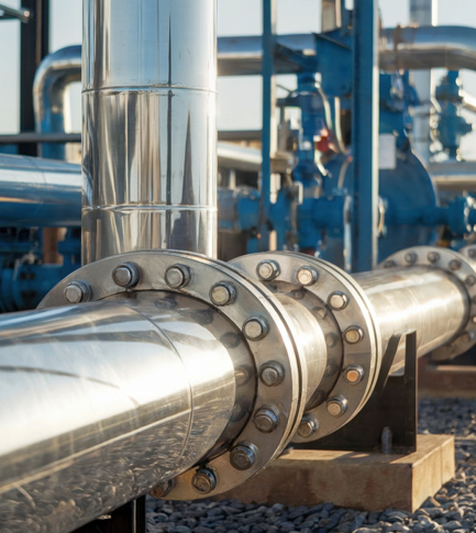 Outdoor steel pipes at oil refining facility with clear sky in background.