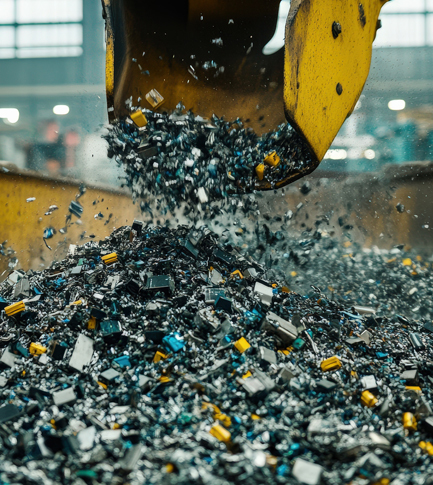 Heavy machinery pouring shredded metallic waste into a large container in a recycling facility.