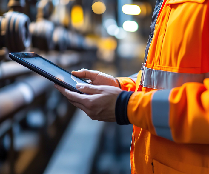 Close-up of hands of worker in orange safety jacket holding ipad conducting facility inspection.