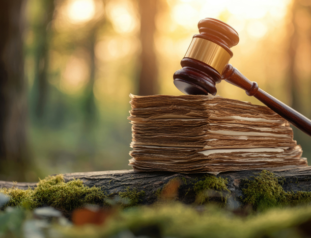 Gavel on a stack of parchment resting on a fallen log with moss