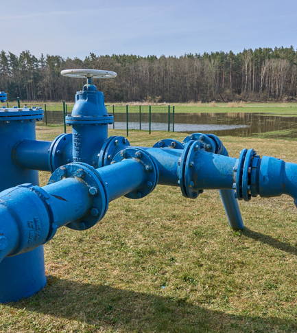 Blue aboveground piping, valves, and connections to public water supply system.
