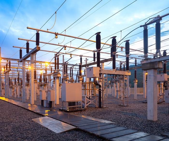 Electric substation at dusk.