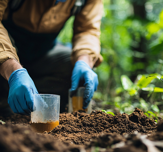 Environmental consultant analyzing soil samples in a natural setting with greenery in the background.