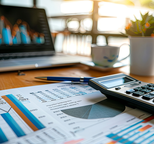 A calculator sits on a table next to a laptop with papers that have charts on them.