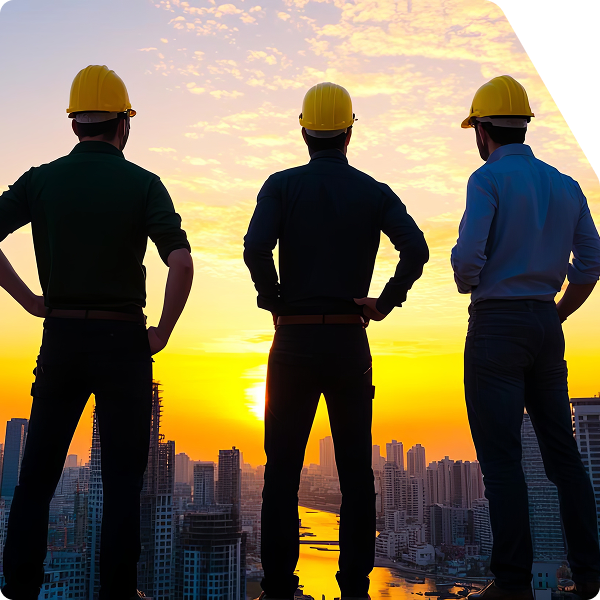 Three workers in hard hats watch the sunset over a construction site in the city skyline.