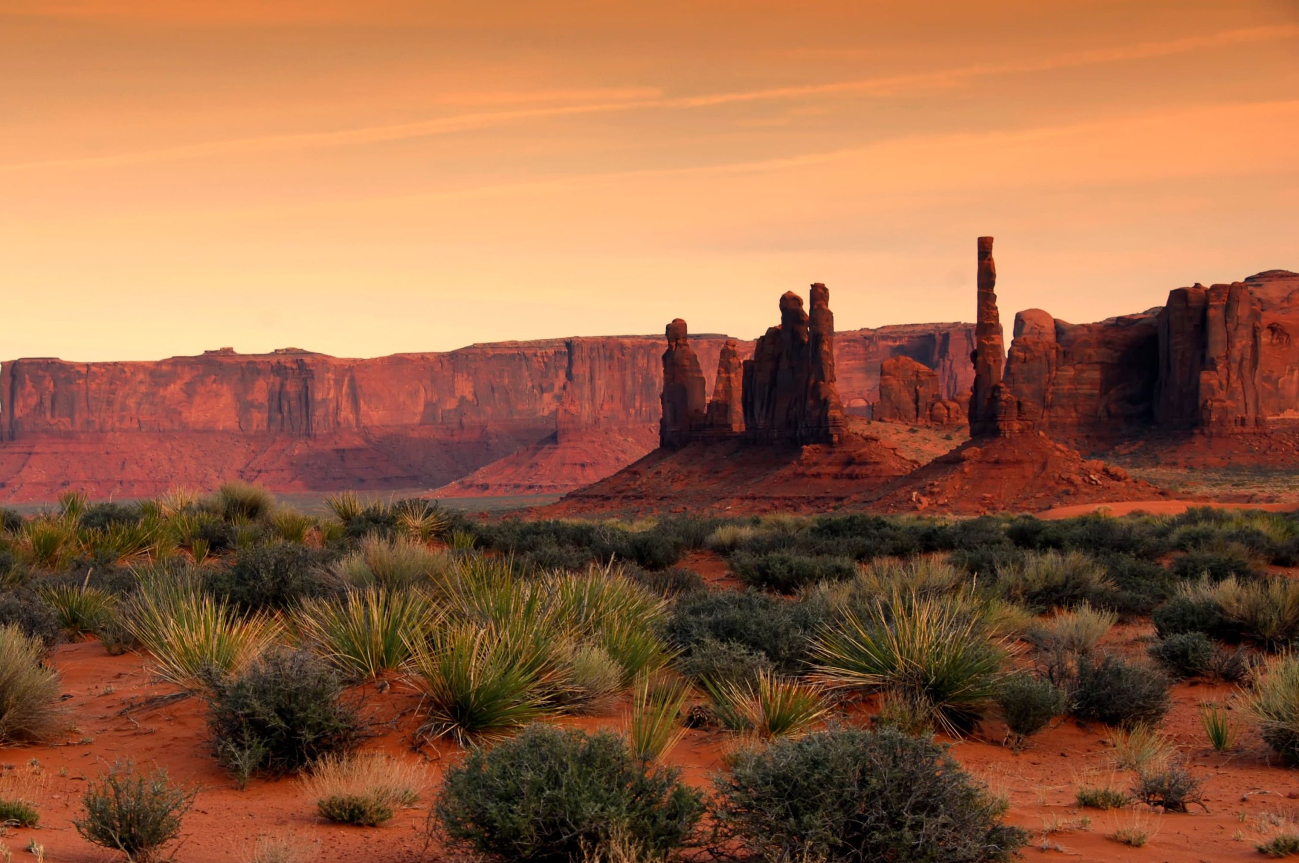 Desert Landscape of rock pinnacles and shrubs at dusk.